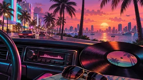 Ein Autoradio-Armaturenbrett, eine Schallplatte und eine Sonnenbrille vor einer Strandpromenade mit Palmen bei Sonnenuntergang