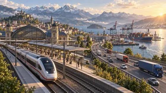 Hochgeschwindigkeitszug im Bahnhof am Fuß verschneiter Berge, neben einer Autobahn voller Lkw und einem Containerhafen