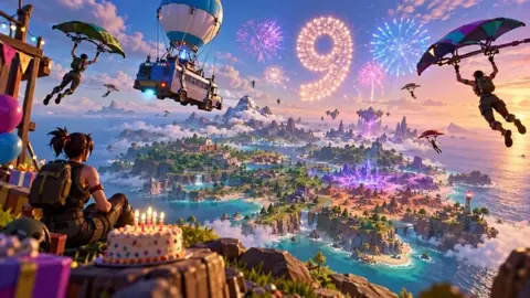 Eine Spielfigur schwebt am Fallschirm über einer Fortnite-Insel, eine als Feuerwerk an den Himmel gezeichnete „9“ und eine Geburtstagstorte im Vordergrund