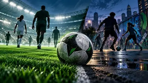 Ein Fußball auf nassem Rasen vor Spielersilhouetten und einem beleuchteten Stadion