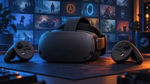 VR-Headset Steam Frame von Valve mit seinen beiden Controllern auf einem Schreibtisch, vor einer Wand aus Spielebildschirmen