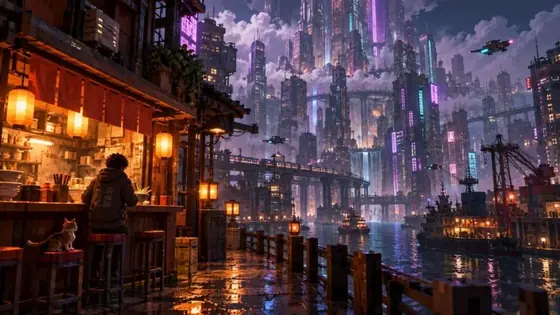 Eine laternenbeleuchtete Nudelbar am Wasser vor einer Cyberpunk-Metropole mit violetten Neonlichtern