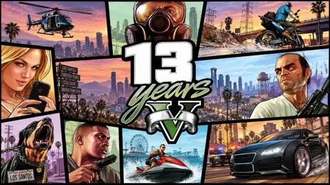 Collage im Stil eines Covers von GTA 5 mit dem Schriftzug „13 years“: Figuren, Autos, Hubschrauber, Strand und Stadt